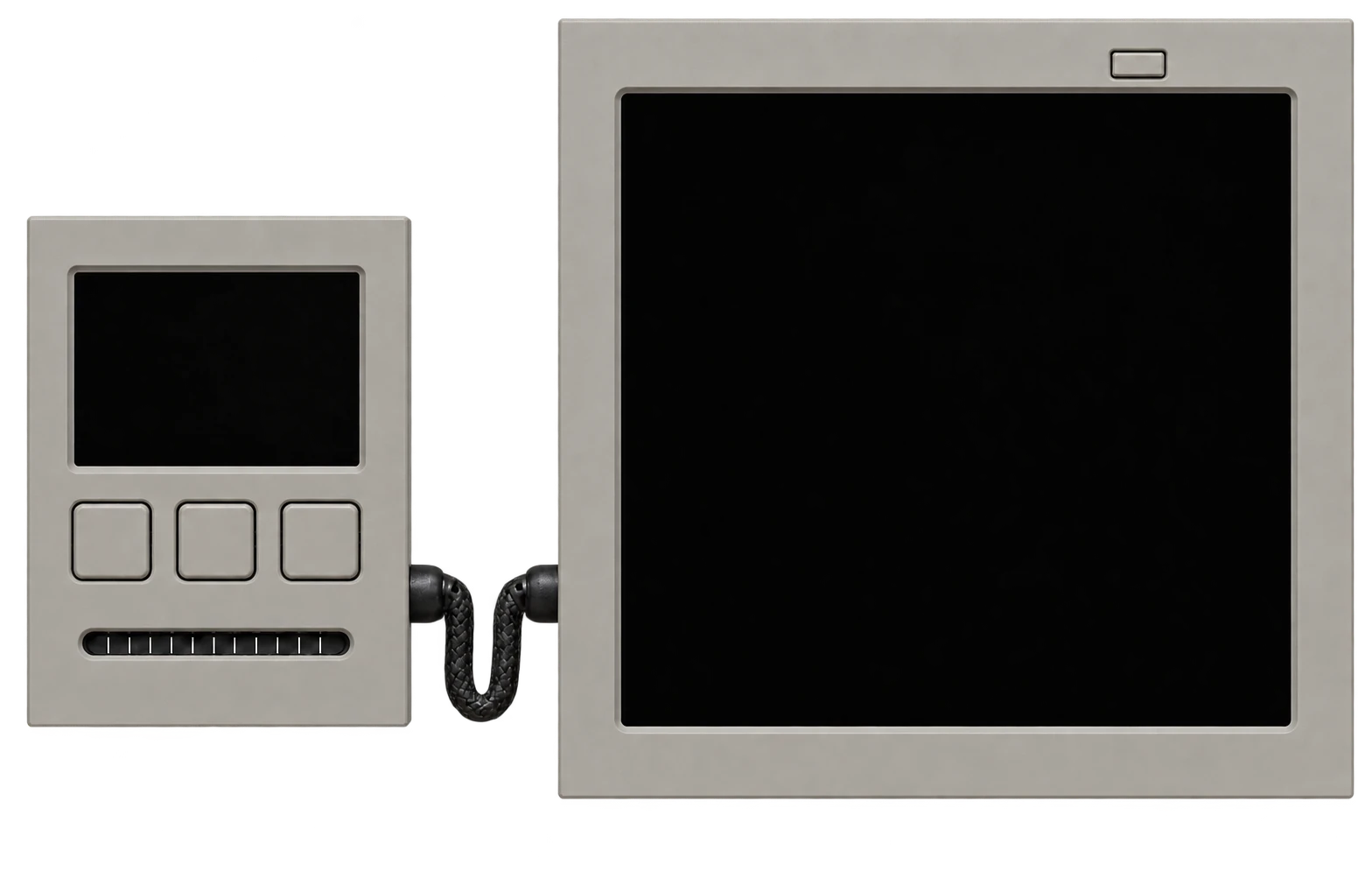 Portable audio player connected to a larger sound archive by a real braided cable